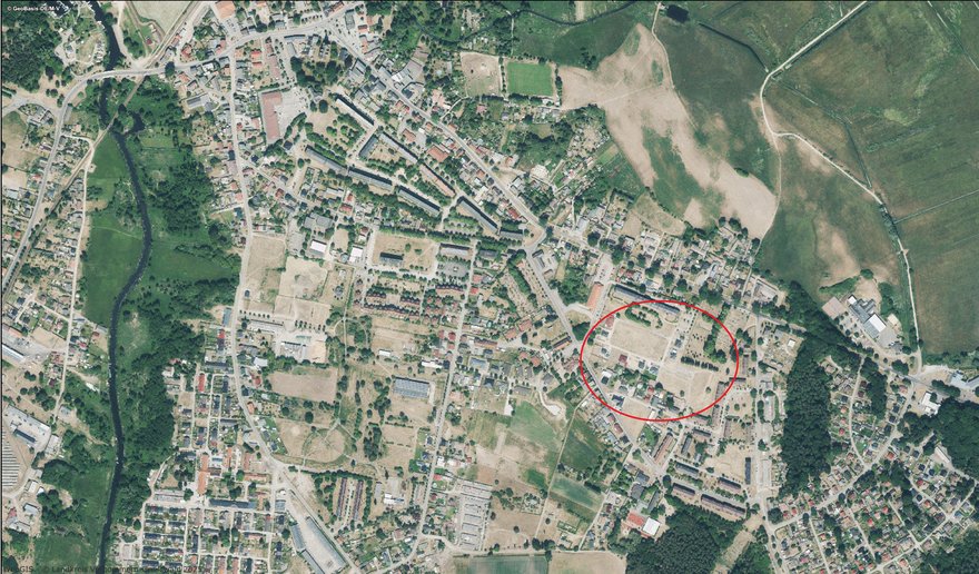 zeigt Luftbild des Stadtteils mit Markierung des Baugebietes