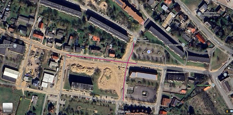 zeigt Luftbild mit Straßenzügen und Bebauung und Markierung des Abschnitts des Asphalteinbaus